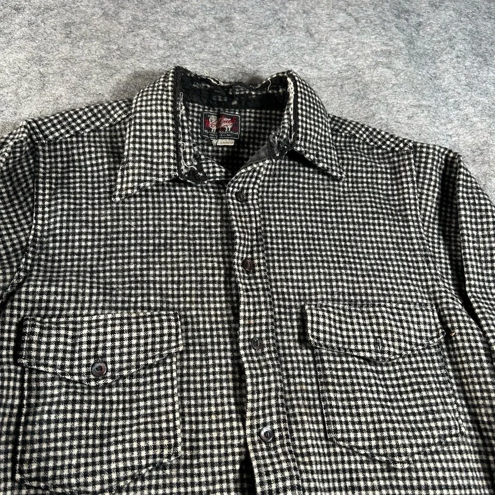 Vintage Woolrich Shirt Mens 16 Black White 1950s Checkered Long Sleeve Flannel